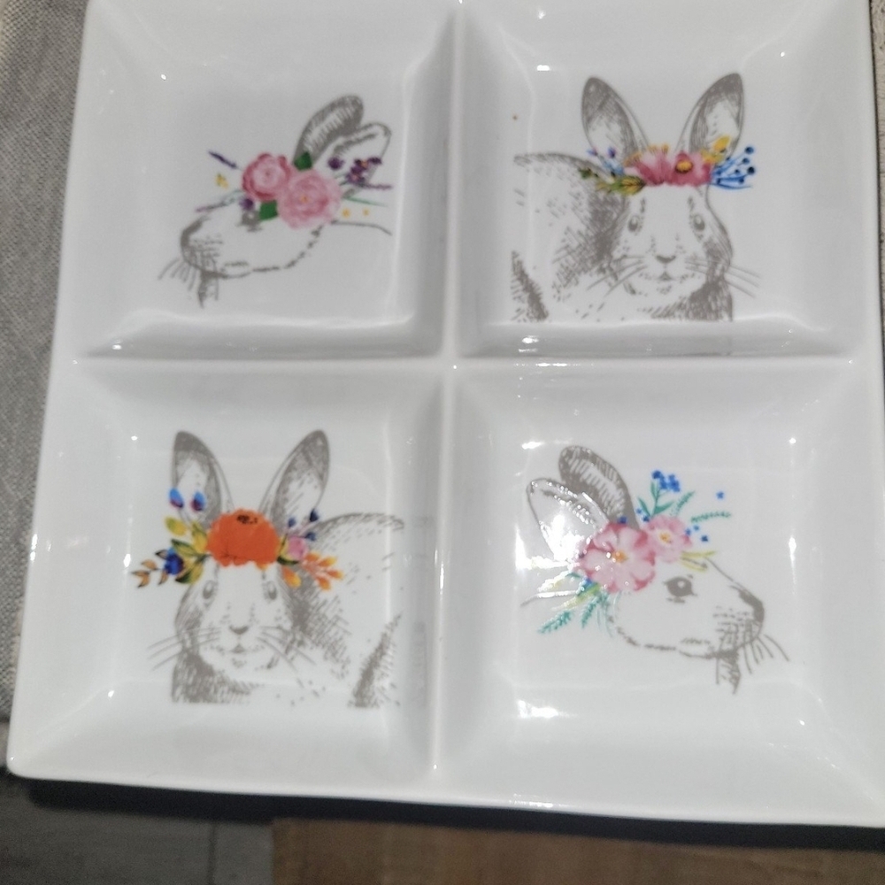 White Ceramic Bunny Appetizer Dish with Pink Floral Accents